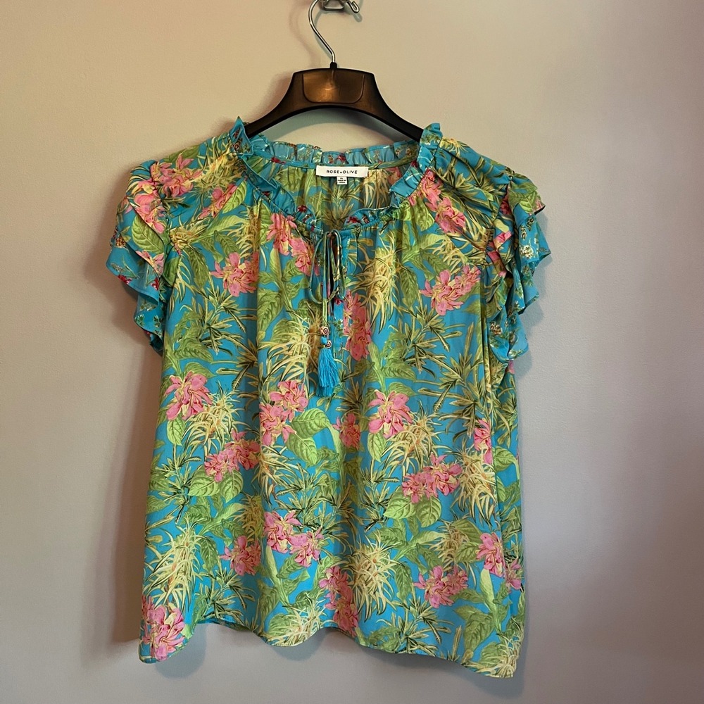 Rose + Olive Tropical Floral Ruffle Sleeve Blouse Turquoise Blue XL Resort Beach